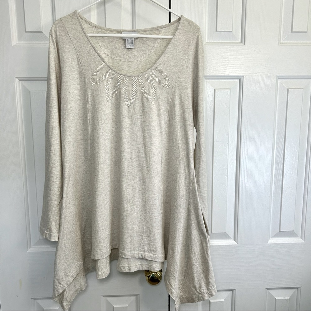 Soft Surroundings Heather Oatmeal Shark Bite Hem Beaded Neckline Tunic Top Sz L